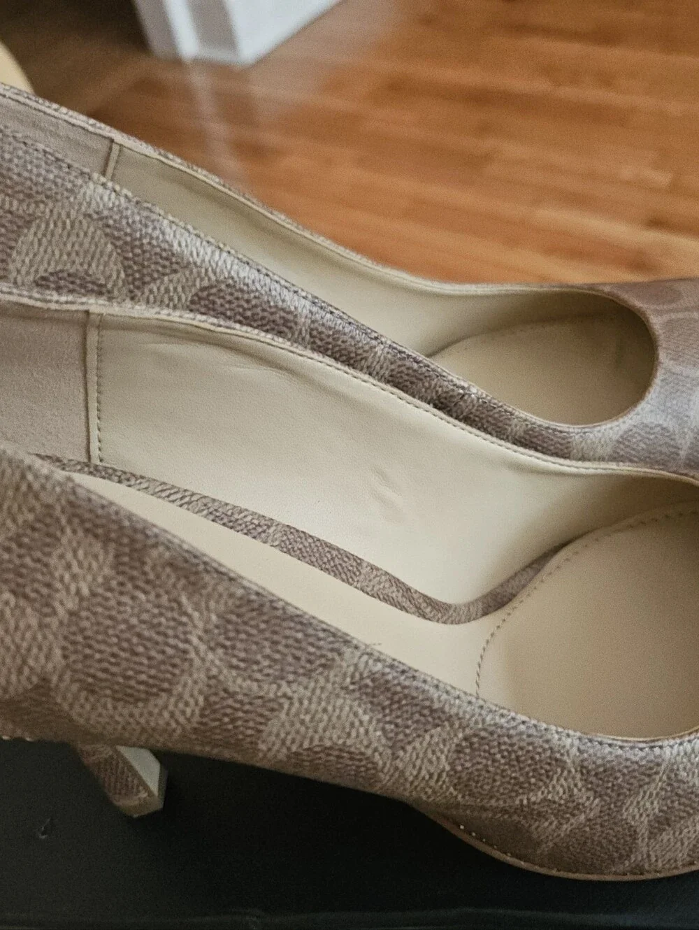 Coach Tan Brown Patterned Heeled Pumps with Gold Trim